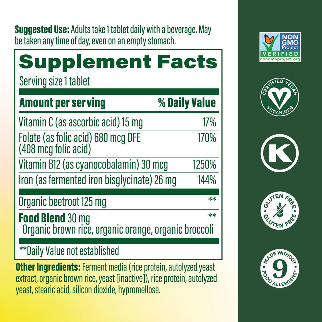 MegaFood Blood Builder Iron Supplement, Energy Support, Vegan, 90 Tablets | Increase Iron Levels Without Side Effects, Improves Energy Levels, B12, Folic Acid and Vitamin C for Absorption, 90 Servings