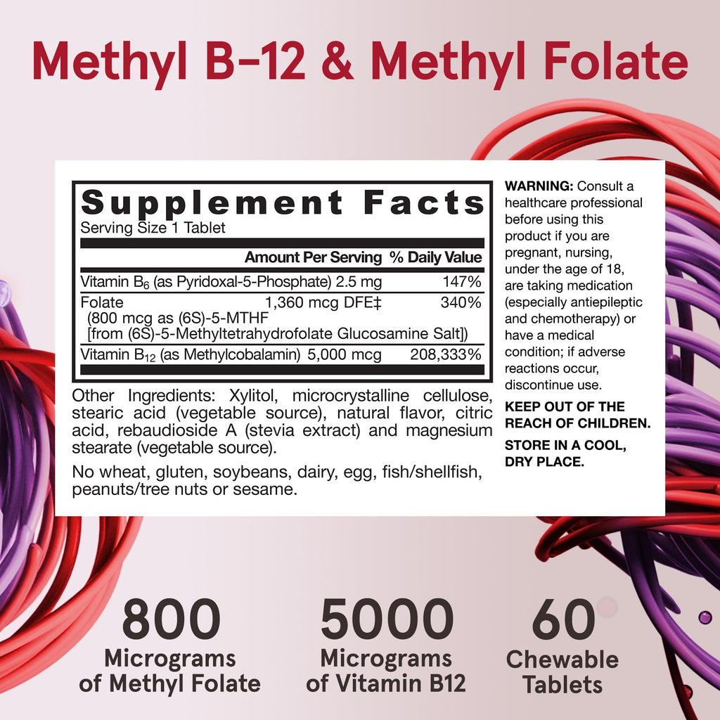 Jarrow Methyl B-12 & Methyl Folate Supplement, 60 Chewable Tablets | Bioactive Vitamin B12 & B9 Supplement, Supports Cellular Energy Production, Healthy Brain Function & Metabolism, 60 Servings