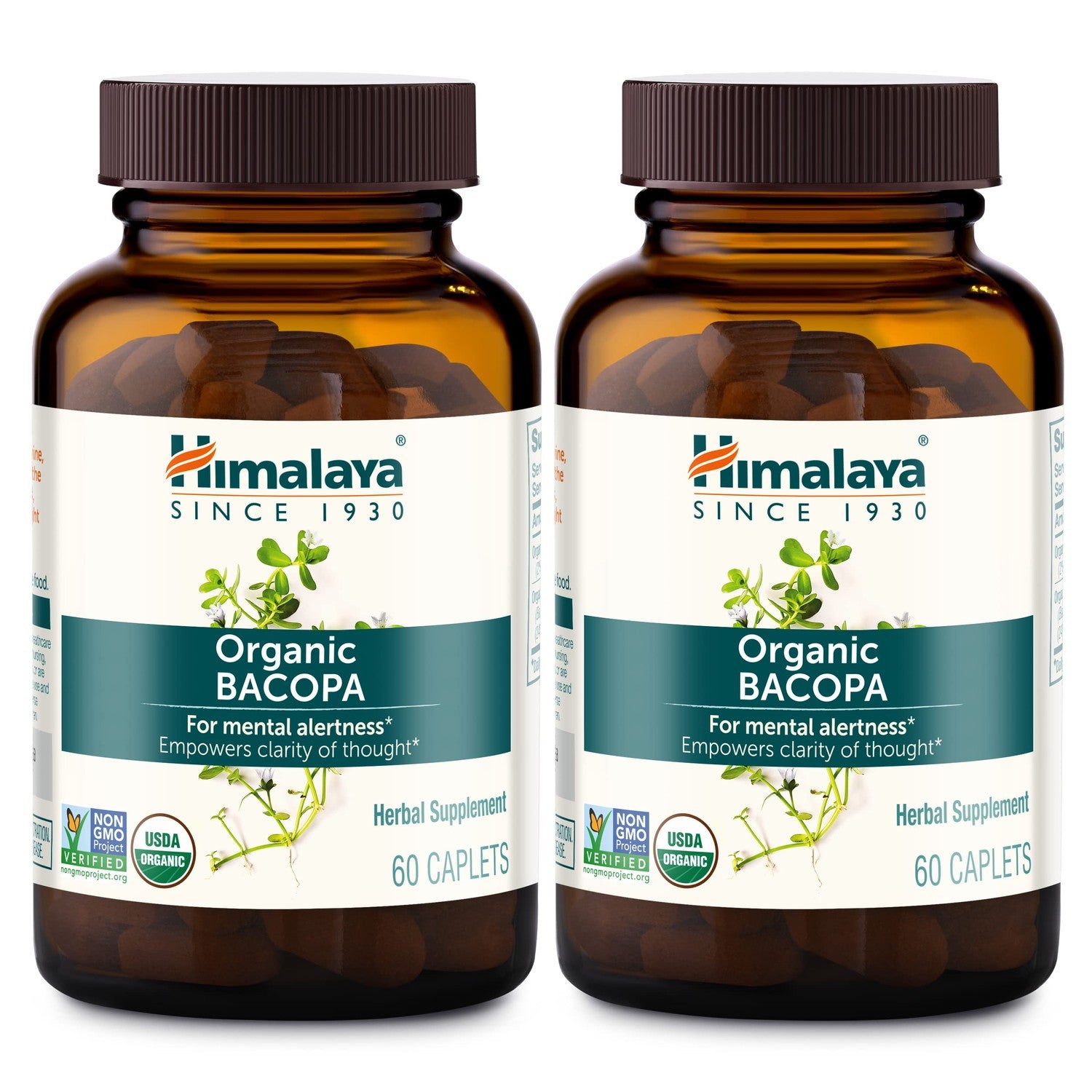 Himalaya USDA Organic Bacopa Monnieri Supplement,750 mg,60 Caplets | For Mental Alertness, Supports Calm, Memory & Cognition, Nootropic Herbal Supplement, Bacopa Extract Brahmi - Non-GMO, Vegan