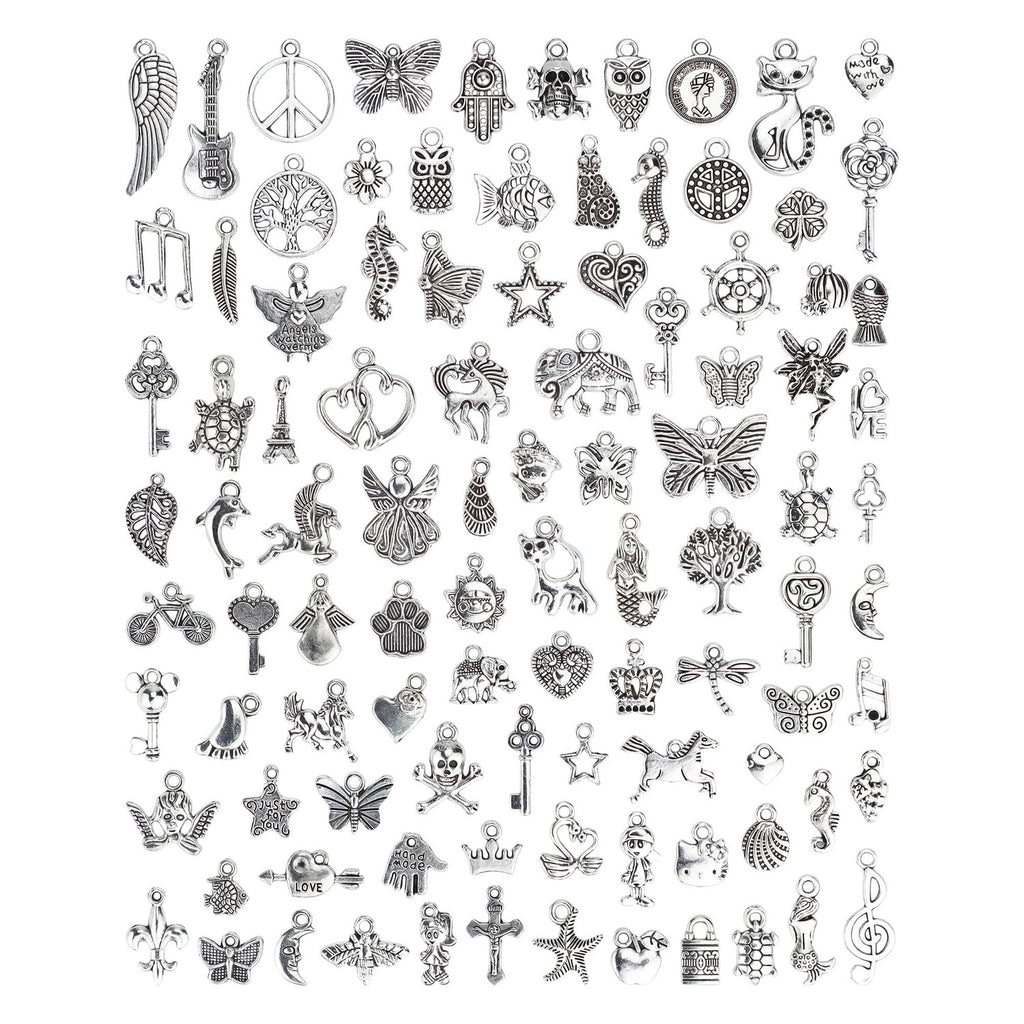 JIALEEY Wholesale Bulk Lots Jewelry Making Silver Charms Mixed Smooth Tibetan Silver Metal Charms Pendants DIY for Necklace Bracelet Jewelry Making and Crafting, 100 PCS