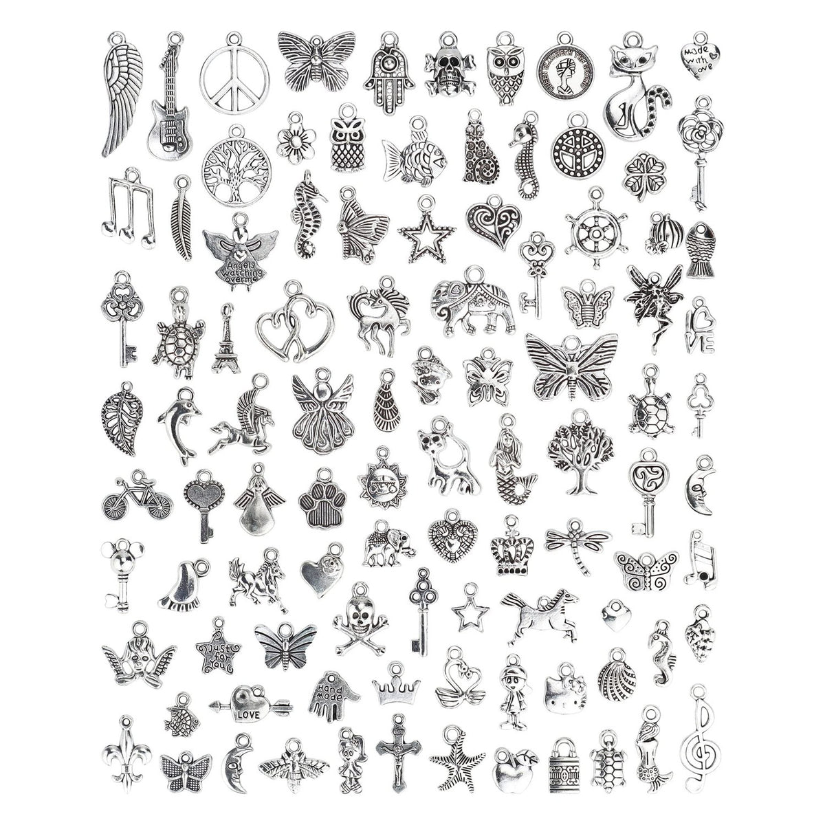 JIALEEY Wholesale Bulk Lots Jewelry Making Silver Charms Mixed Smooth Tibetan Silver Metal Charms Pendants DIY for Necklace Bracelet Jewelry Making and Crafting, 100 PCS