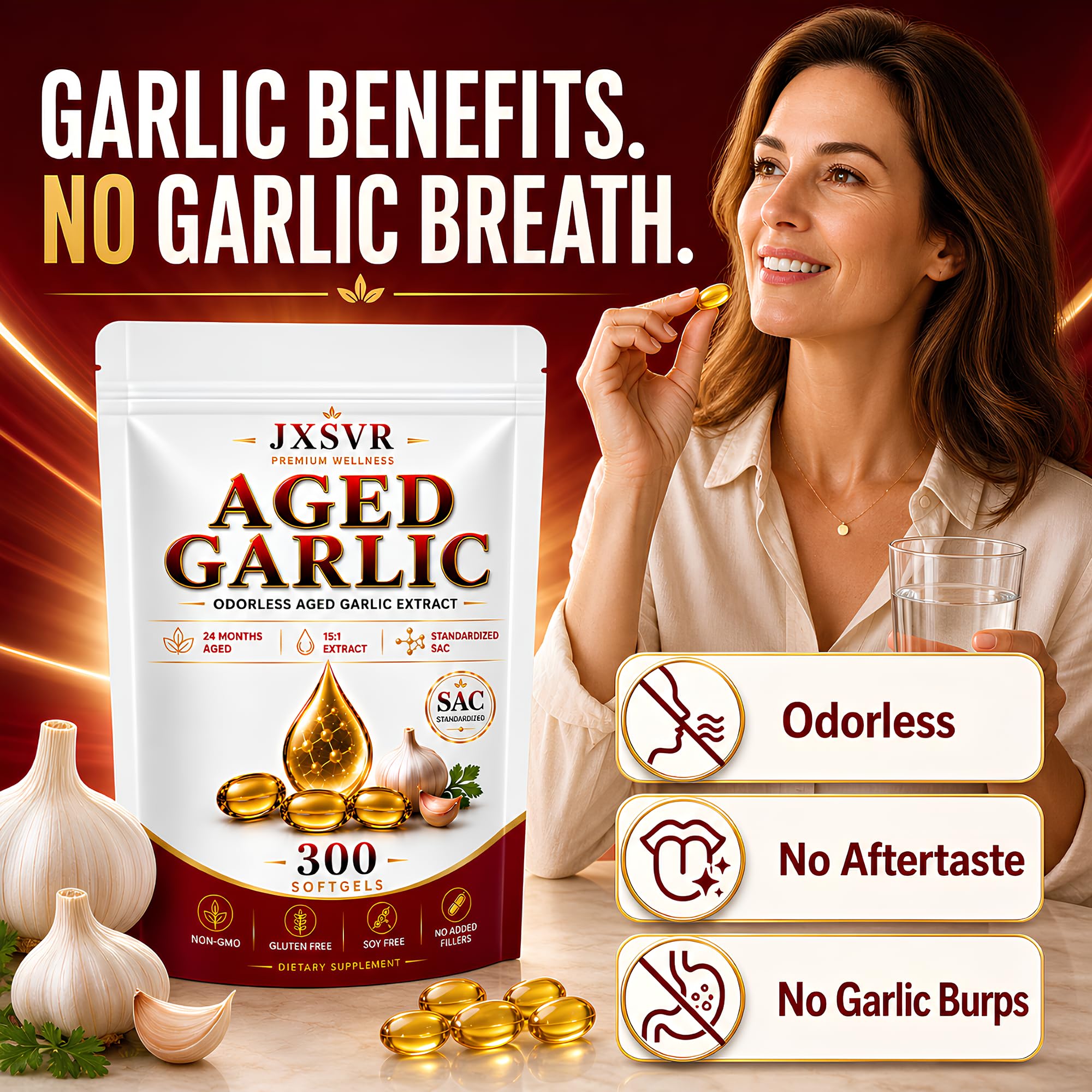 Pure Aged Garlic Extract Softgels, Odorless Garlic Supplement, 24-Month Naturally Aged with Standardized SAC, Heart Health, Immune & Antioxidant Support, 300 Count (2)