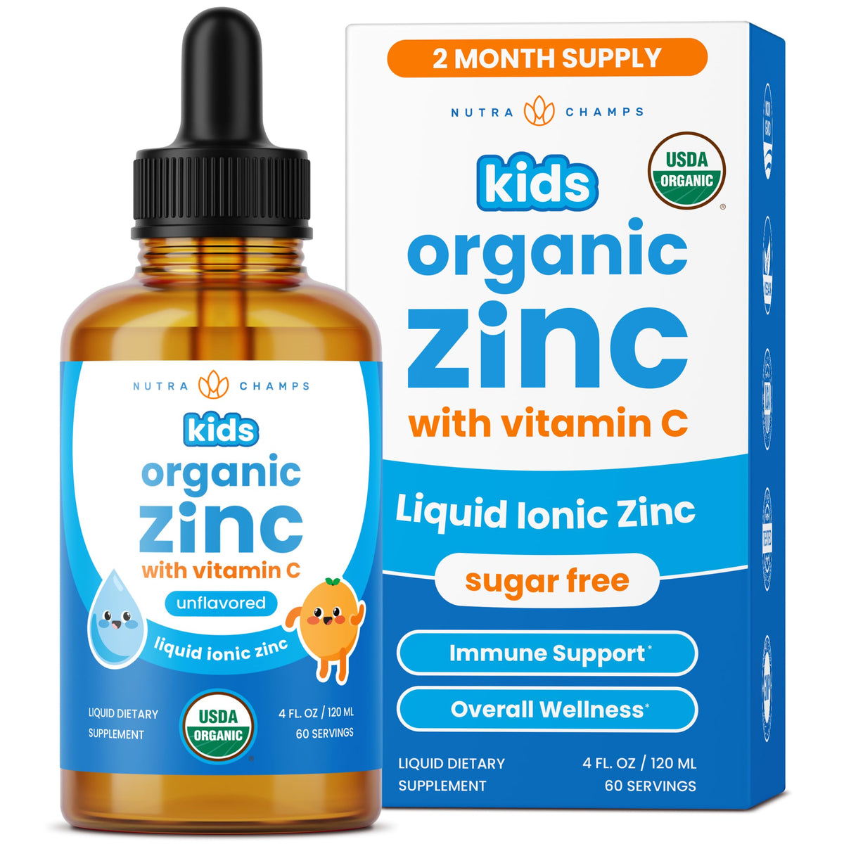 NutraChamps Organic Liquid Zinc Drops for Kids, Ionic Zinc Drops Enhanced with Vitamin C for Children, Sugar-Free 4 oz, Vegan & Non-GMO, Unflavored, 60 Servings, 2 Month Supply