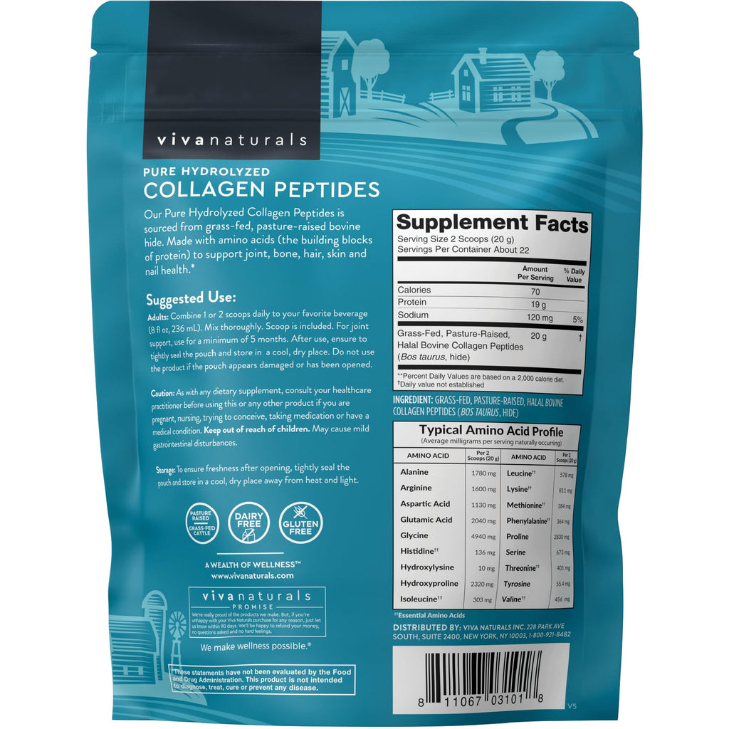 Viva Naturals Collagen Peptides Powder - Grass-Fed Hydrolyzed Bovine, Type I & III - 19 g Protein, Unflavored, Easy Dissolving - Joint, Skin, Hair & Nail Support - Paleo, Keto, Non-GMO - 1lb