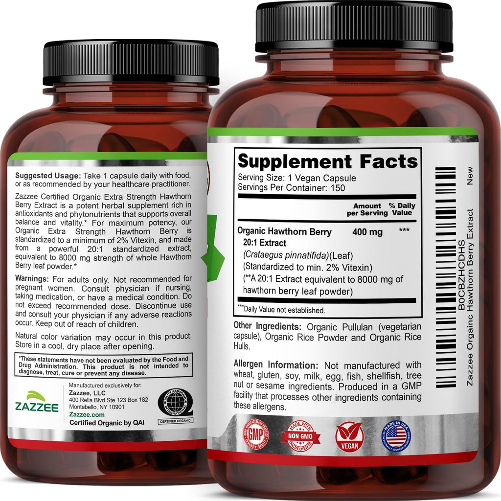 Zazzee USDA Organic Hawthorn Berry 20:1 Extract, 2% Vitexin, 150 Capsules