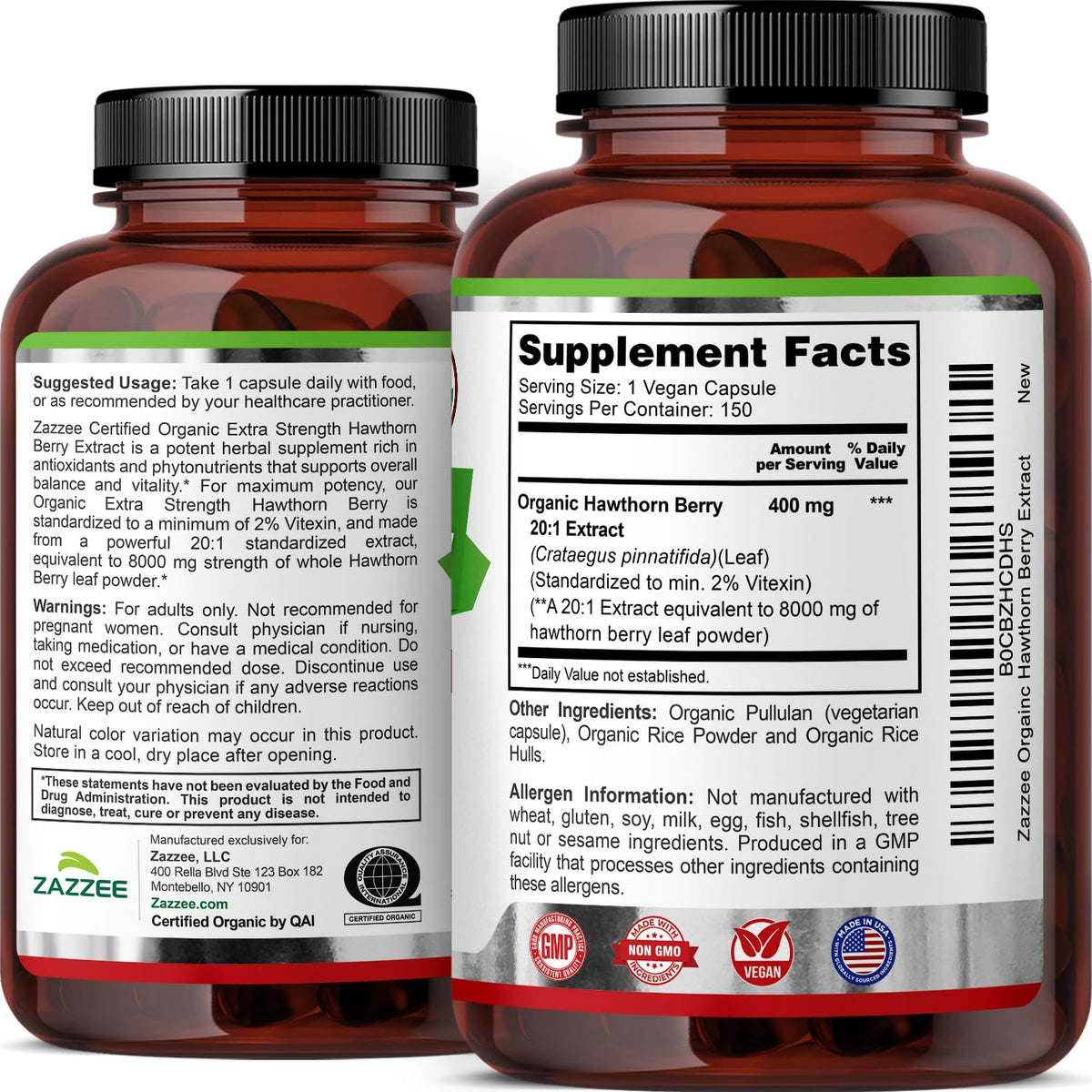 Zazzee USDA Organic Hawthorn Berry 20:1 Extract, 2% Vitexin, 150 Capsules