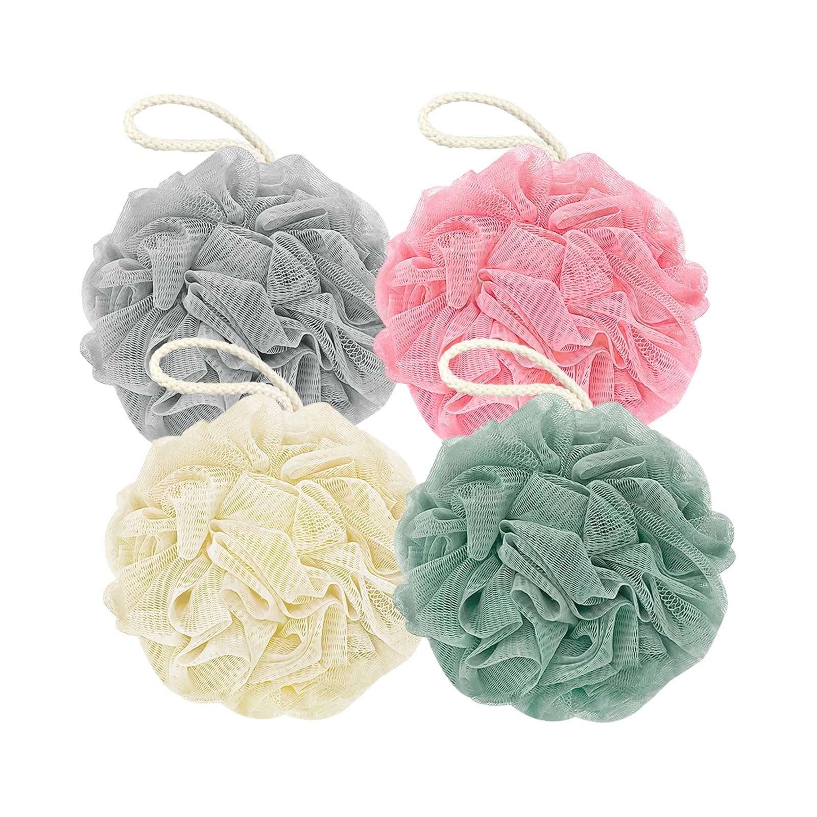 Rnoafmu Shower Loofah Bath Sponge 4 Pack, 60G Exfoliating Body Scrubber | Luffa Mesh Shower Pouf Balls for Men and Women, Rich Lather with Body Wash, Bath Accessories (Blue Gray Green Dark Green)