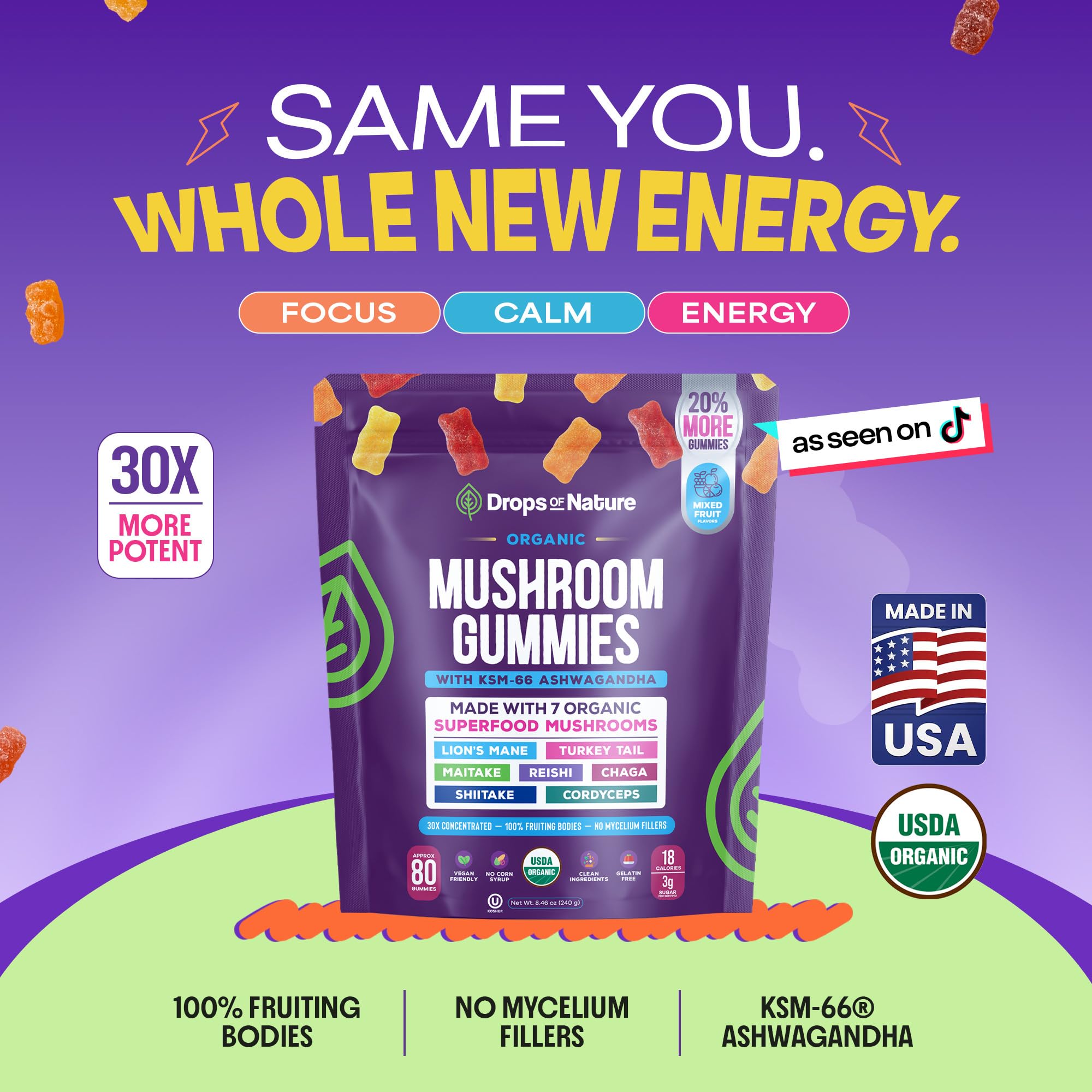 Drops Of Nature Organic Mushroom Gummies & Ashwagandha - Mixed Berry, 80 ct | KSM-66 Ashwagandha Gummies with 7 Superfood Mushroom Lions Mane Reishi Turkey Tail Chaga & More, Low Carb Vegan, Gelatin-Free