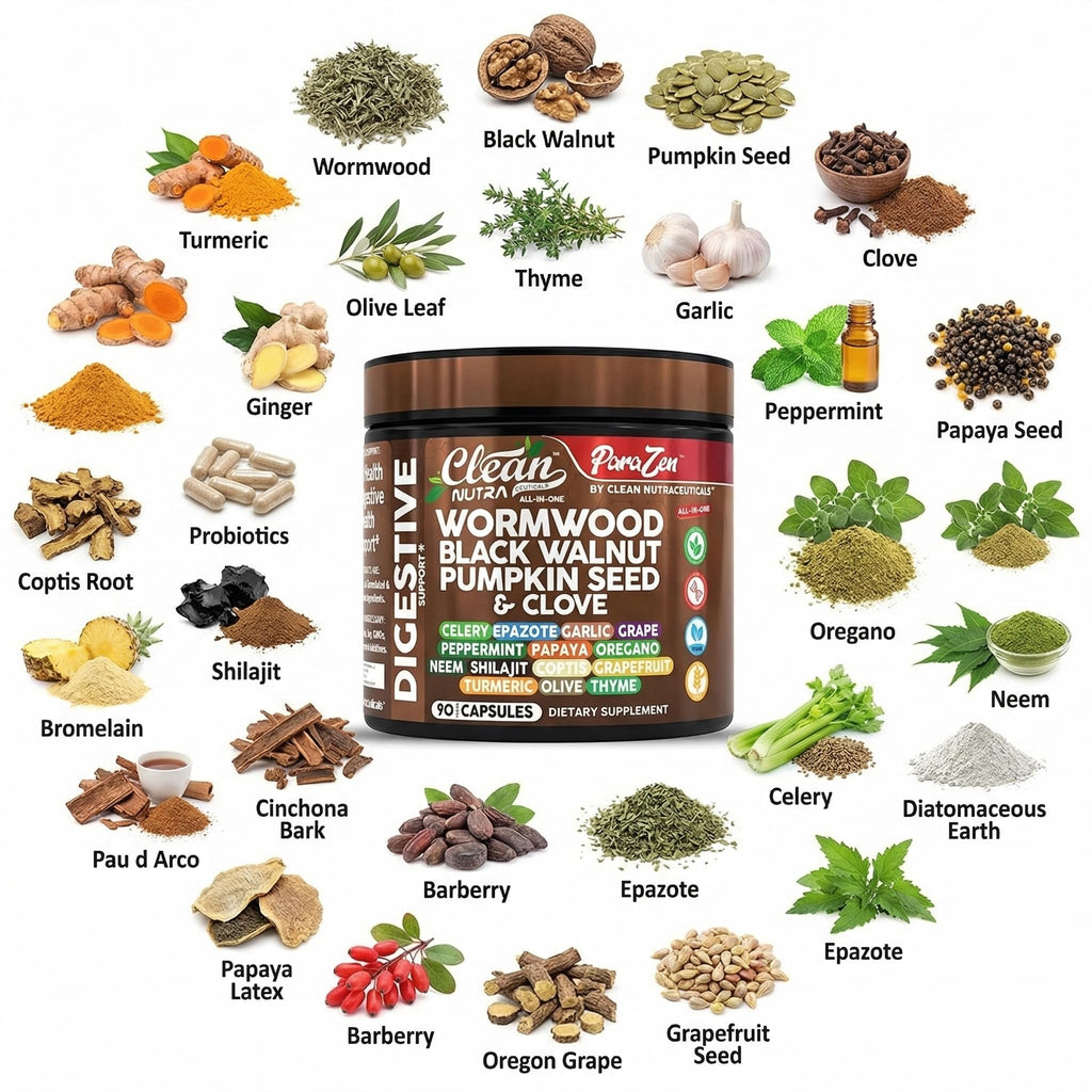 Clean Nutra Wormwood Black Walnut Pumpkin Seed Clove Oil Celery Garlic Grape Papaya Neem Diatomaceous Earth Womens Probiotic Gut Health Cleanse Detox Oregano Olive Turmeric Supplement Vegan Capsules