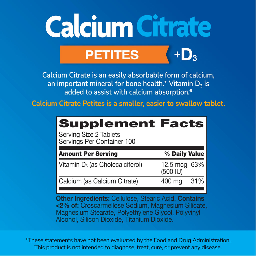 21st Century Calcium Citrate + D3 Petites, Easy to Swallow, 200 Count | Highly Absorbable Calcium Citrate with Vitamin D3, Compare VS. Citracal® +D3 Petites, Bone Strength & Density Support