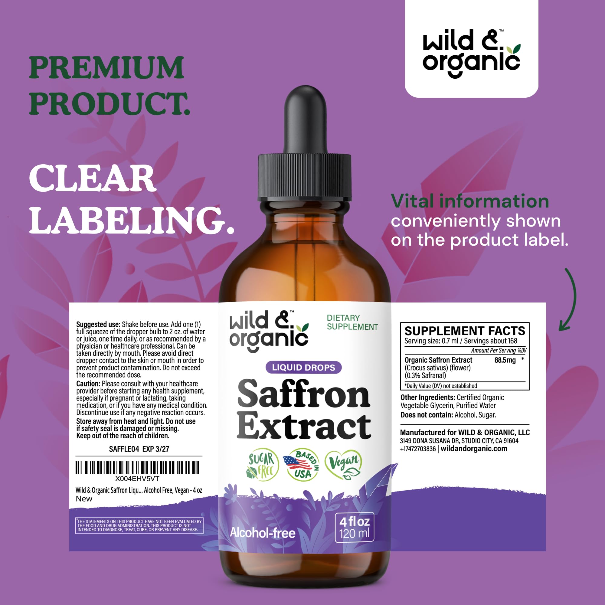 Wild & Organic Saffron Supplements 88.5 mg - Mood, Focus, Eye Support - 4oz | Saffron Extract Liquid Drops - Add to Tea - 5-Month Supply - Crocus Sativus Herb - Vegan, No Sugar & Alcohol-Free Tincture