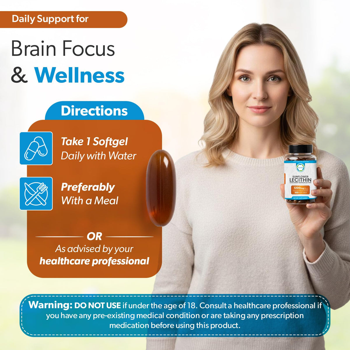 Organic Sunflower Lecithin 1200mg, Brain & Nervous System Support, 100CT