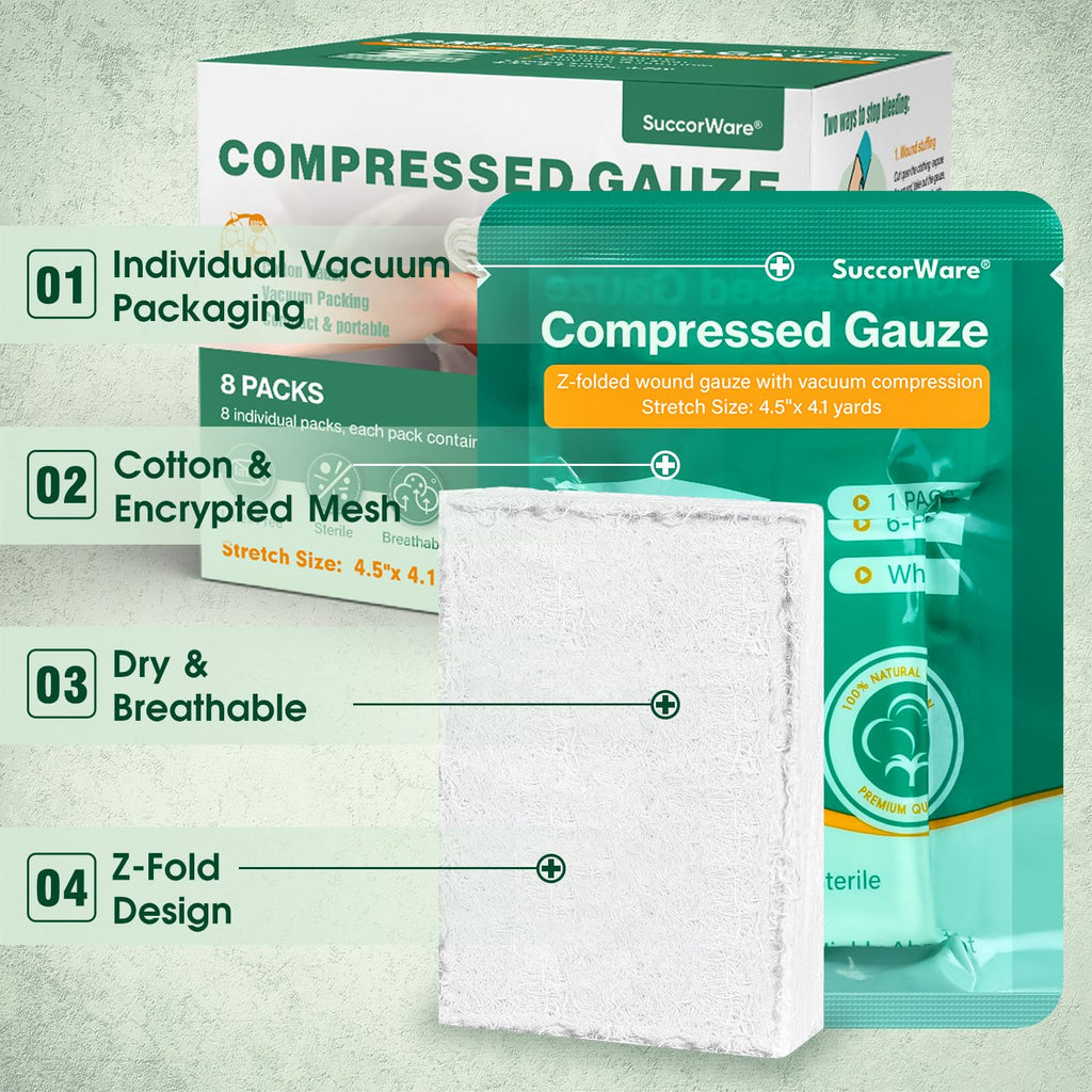 SuccorWare 8 Packs Sterile Compressed Gauze with Z-Folded - Wound Gauze for Bleed Stop, 4.5" x 4.1 Yards, 6-Ply - for First Aid Kit,Medical Trauma Kit, IFAK Supplies Refill