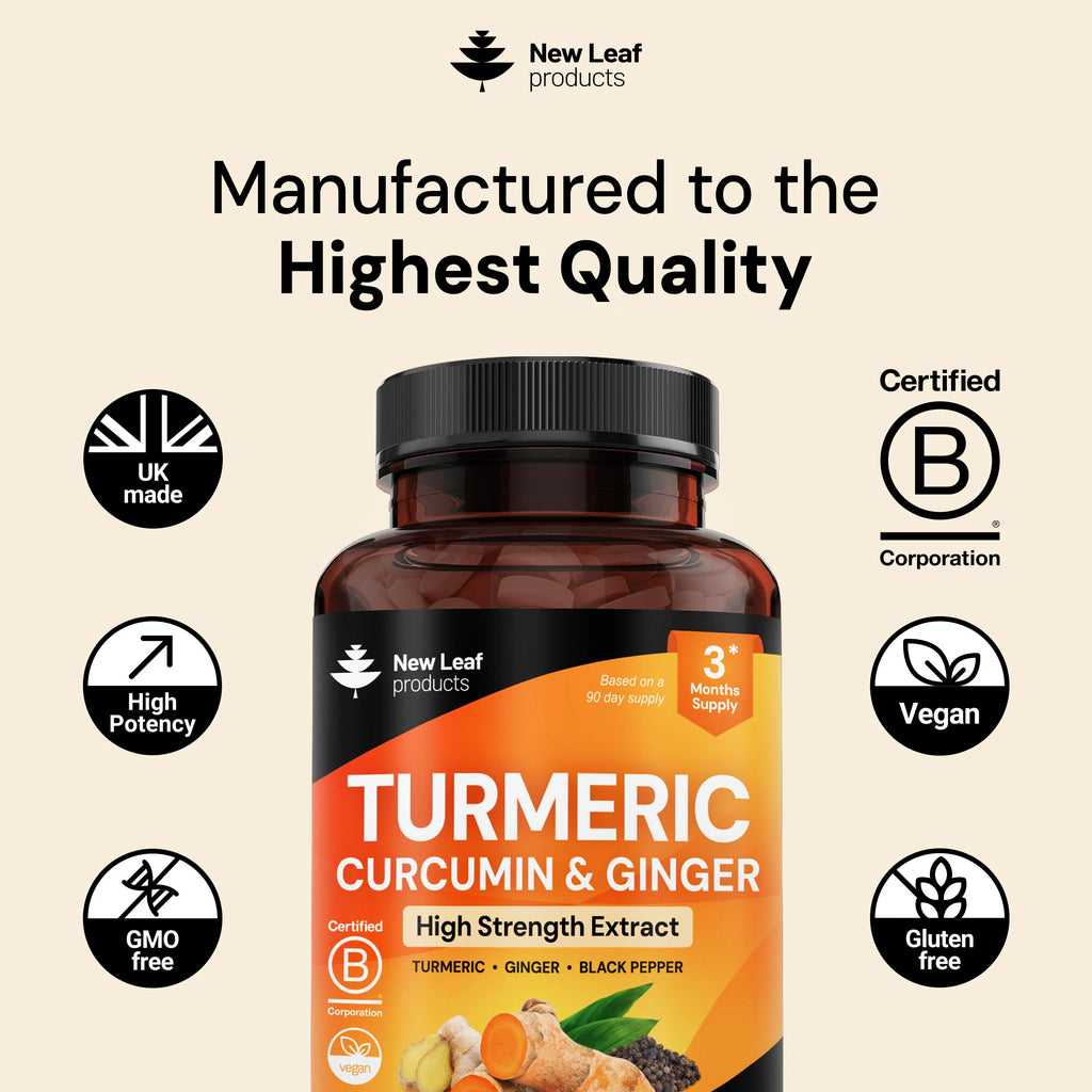 Turmeric Tablets with Black Pepper & Ginger - Curcumin - 180 Turmeric and Black Pepper Tablets (3 Month) High Strength Active Turmeric Supplements Not Capsules, by New Leaf