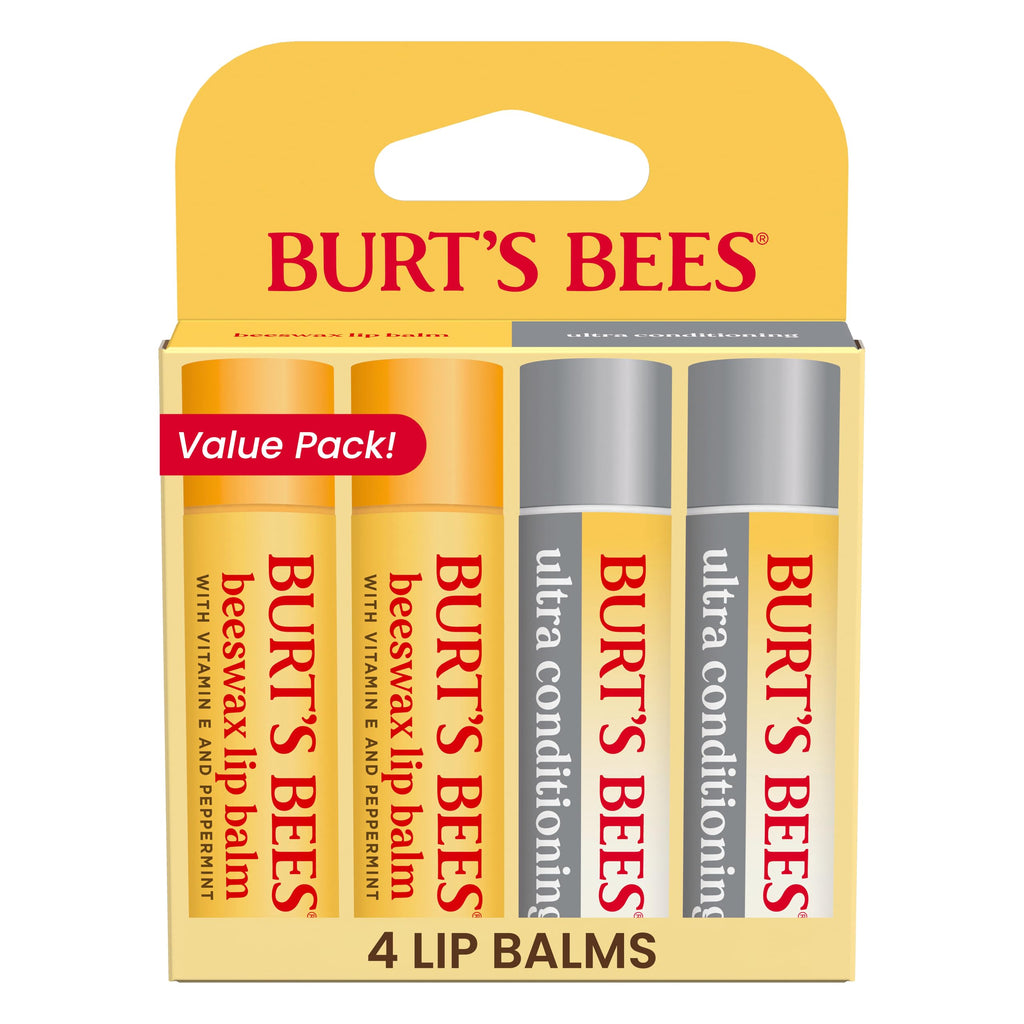 Buy now Burt's Bees Lip Balm Beeswax and Ultra Conditioning Lip Balm Pack, Hydrating Lip Moisturizer with Kokum and Shea Butter, Natural Origin Lip Care, 4 Tubes, 0.15oz. at indiglob india