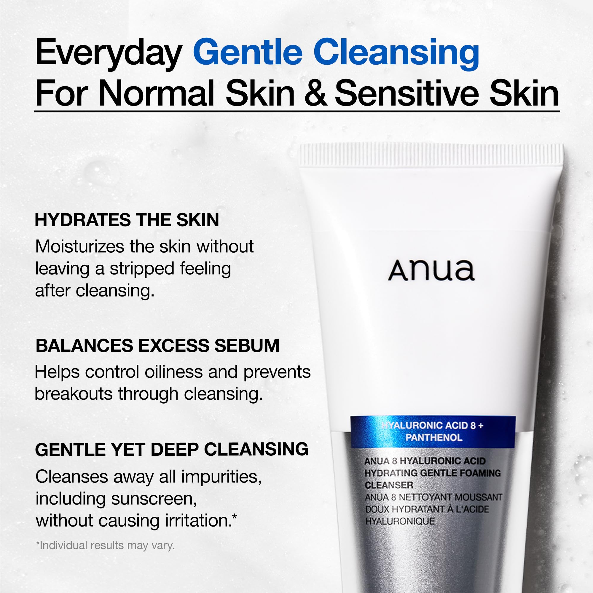 ANUA Hydrating Gentle Foaming Cleanser, 5.07 fl.oz | Daily Face Wash, Hyaluronic Acid, Zinc, Panthenol, for Dry & Sensitive Skin, Sebum Balance Facial Cleanser, Korean Skincare