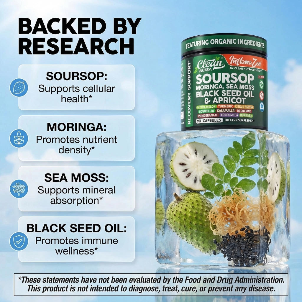 Clean Nutra Soursop Supplement Moringa Sea Moss Black Seed Oil Berberine Turmeric Resveratrol Quercetin Greens Bitters Boswellia Bitter Melon Burdock Root Antioxidant Support 90 Capsules