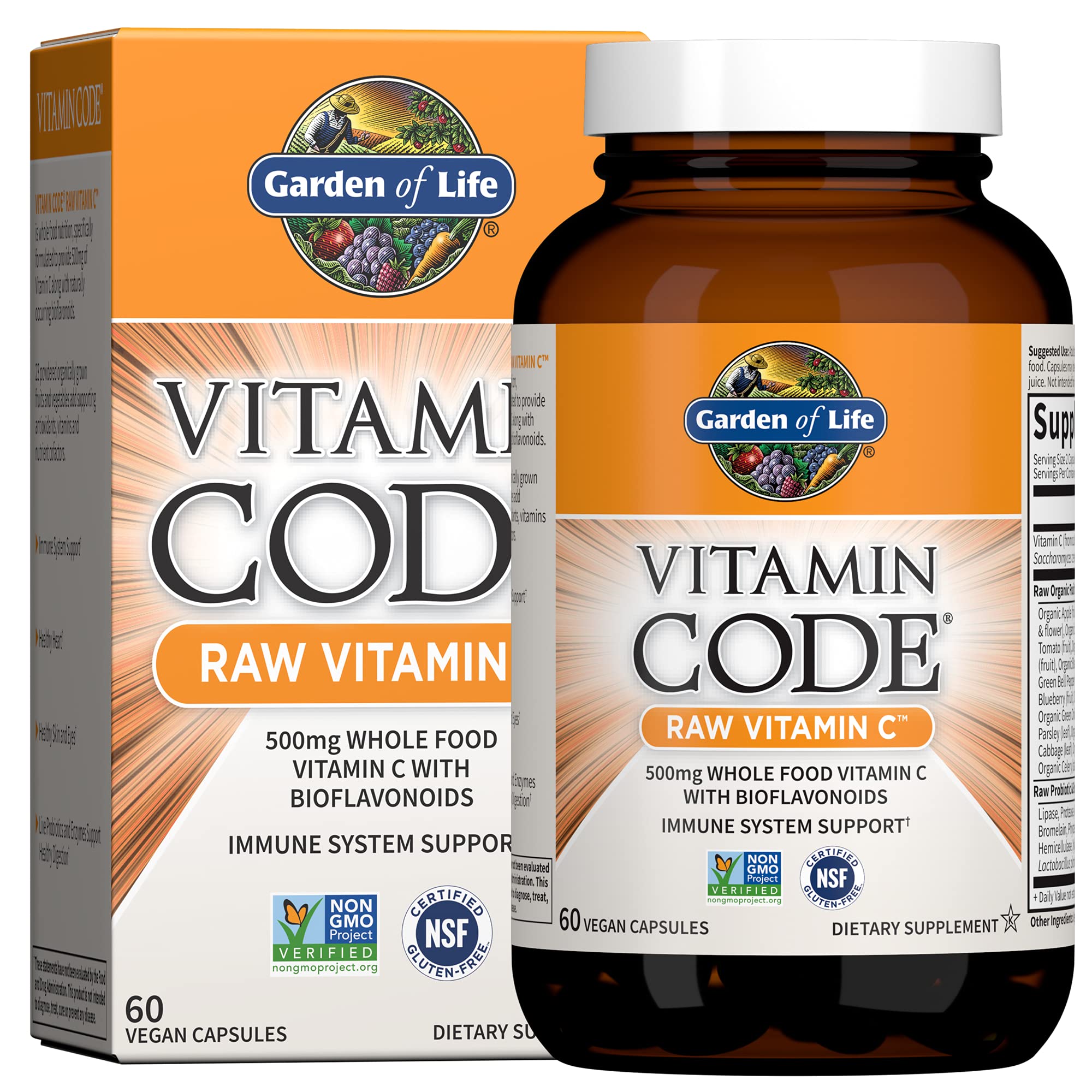 Garden of Life Vitamin Code Raw Vitamin-C, 500mg Whole Food VIT-C Capsules + Fruit & Veggie Blend & Probiotics, Supplements for Adults, Vegan, Gluten Free, 120 Capsules, (Pack of 6)