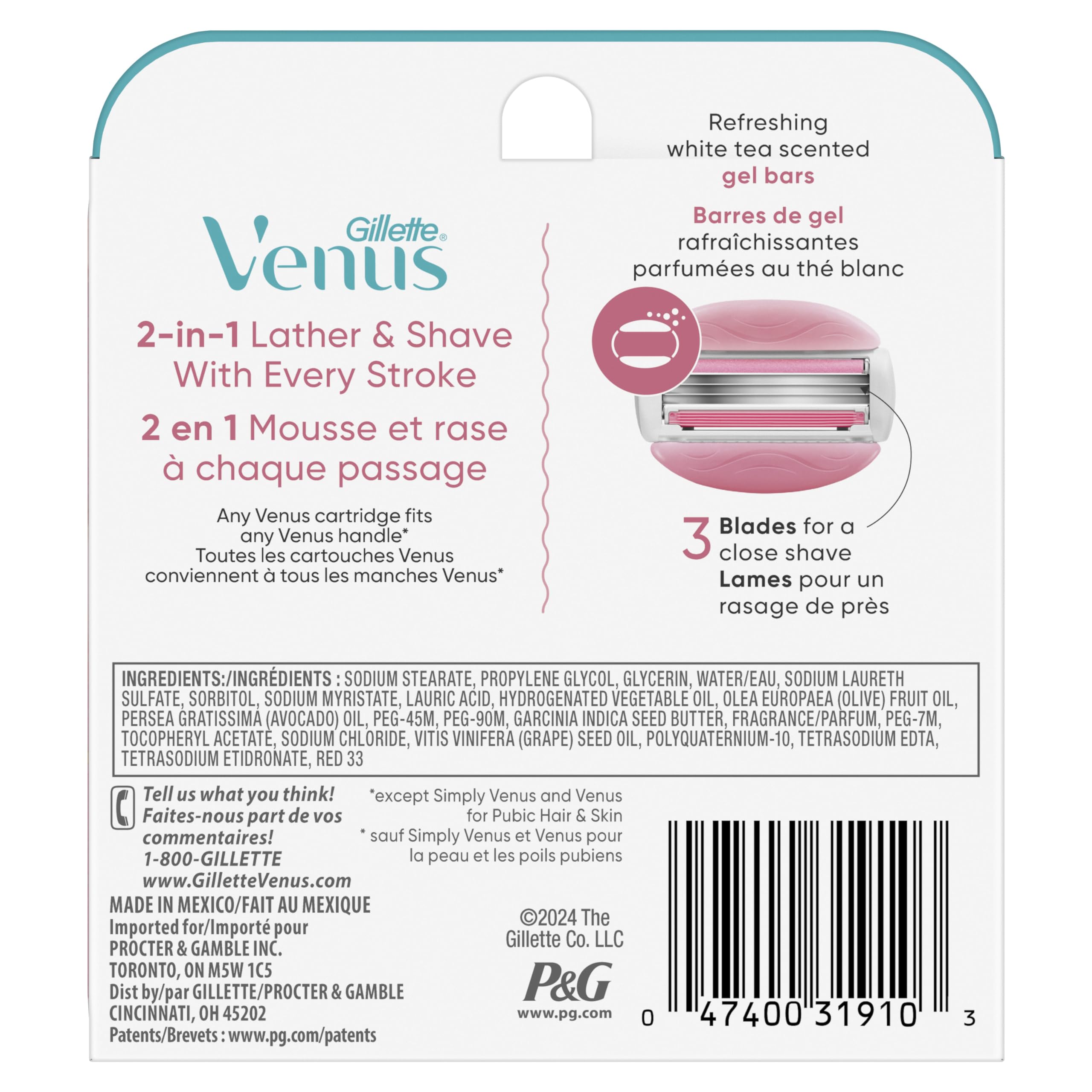 Gillette Venus ComfortGlide White Tea Women's Razor Blades, 3-Blade Razor Refills, 6 Count