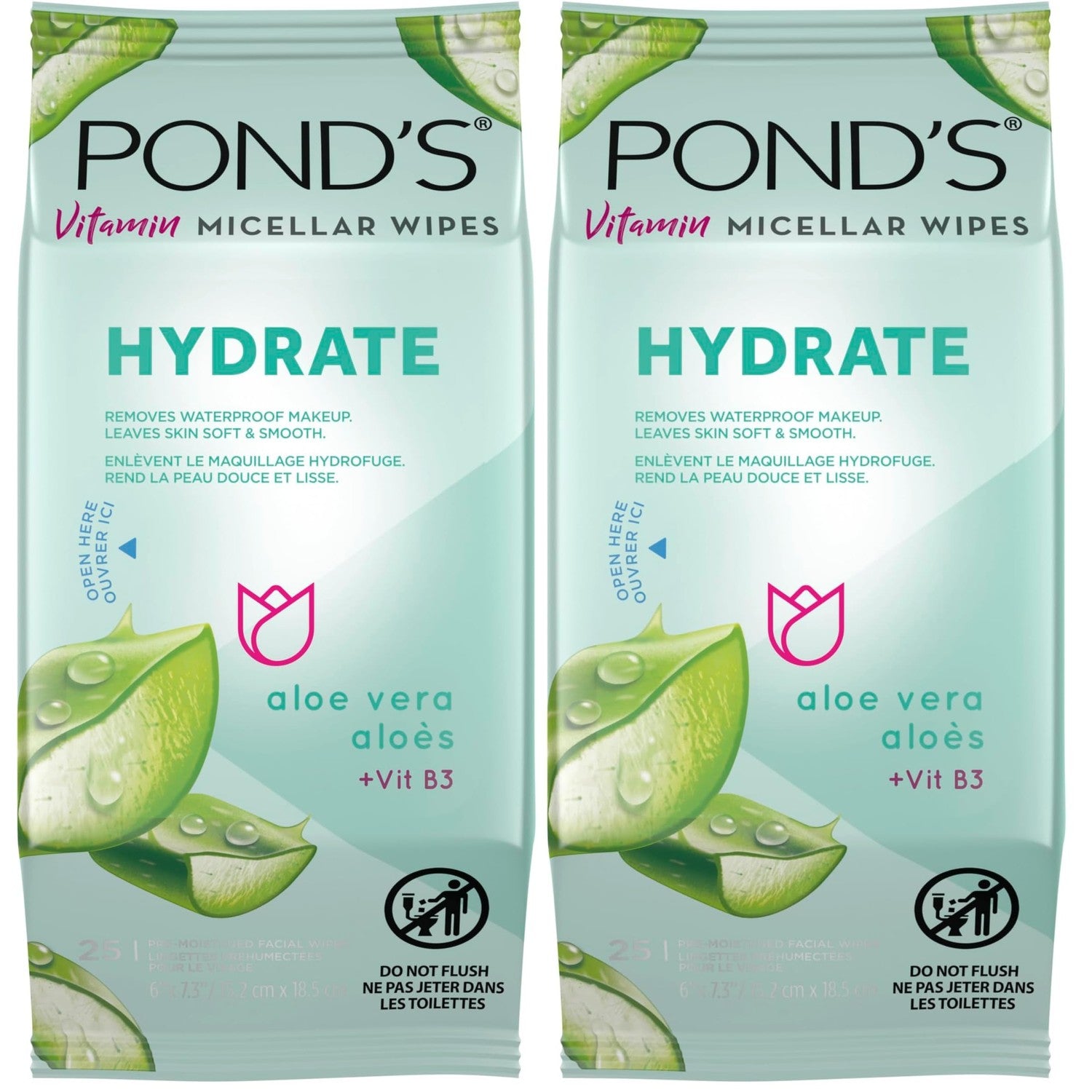 POND’S Micellar Makeup Remover Wipes, Removes Waterproof Mascara, with Aloe Vera & Vitamin B3, Alcohol-Free Facial Cleansing Wipes for Dry Skin, 25 Count