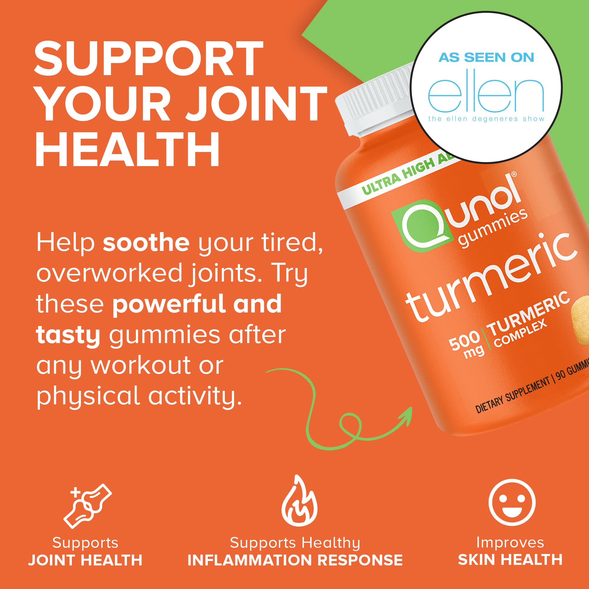 Qunol Turmeric 500mg Gummy, Ultra High Absorption Turmeric Curcumin, 90 ct | Delicious Vegan & Gluten Free Supplement that Supports Joint Health and Healthy Inflammation Response, Rich Tangerine Flavor