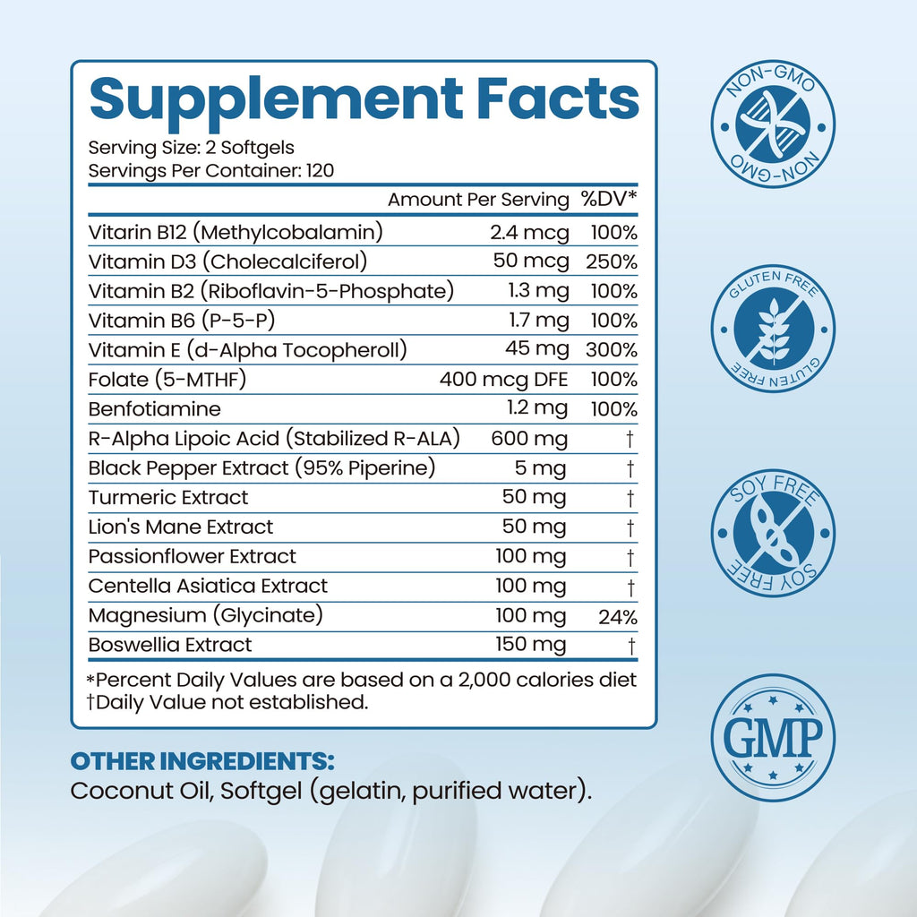 R-Alpha Lipoic Acid 600mg | 240 Softgels | Neuropathy Supplements with Active B-Vitamins, Magnesium Glycinate & Herbal Extract Blend | Support Nervous System Health | Non-GMO, Gluten-Free