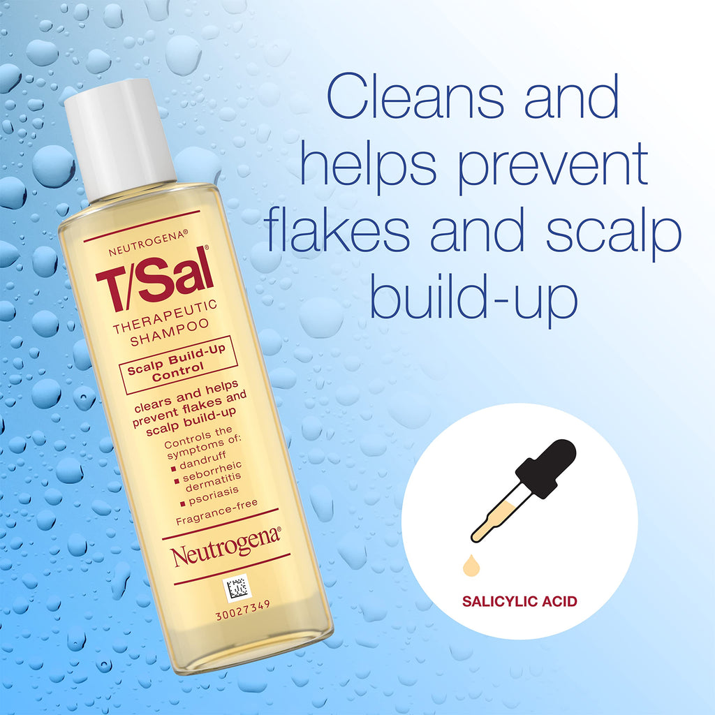 Neutrogena T/Sal Therapeutic Dandruff Shampoo, Scalp Build-Up Control, 3% Salicylic Acid,Psoriasis Treatment, Seborrheic Dermatitis Shampoo, Clears Flakes, Fragrance Free, 4.5 fl oz