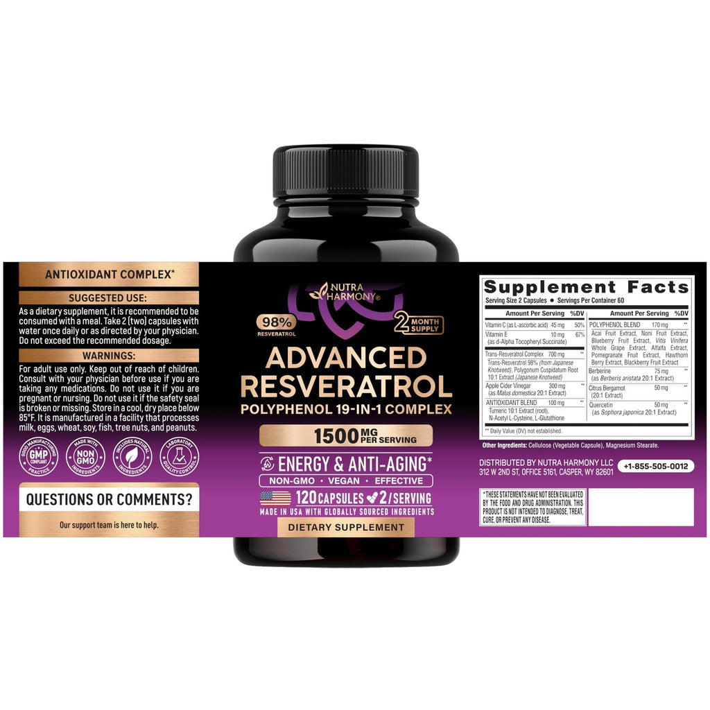 Resveratrol + Berberine, Quercetin, ACV, Acai & Noni Supplement - 120 Caps | 19in1 Organic Polyphenol Resveratrol Supplement - Antioxidant & Heart Health Support - Energy & Anti-Aging - Vegan, NON-GMO