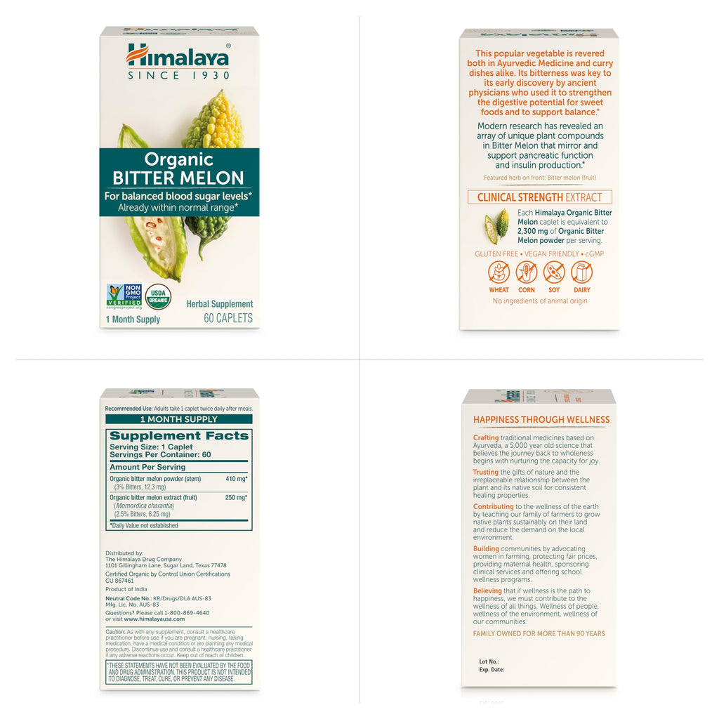 Himalaya USDA Organic Bitter Melon Capsules, 660 mg, 60 Caplets, 2 Pack | Herbal Gluocose Metabolism Support ,Bitter Melon Extract, - Non-GMO, Vegan, Gluten Free Additive Free, Clinically Studied