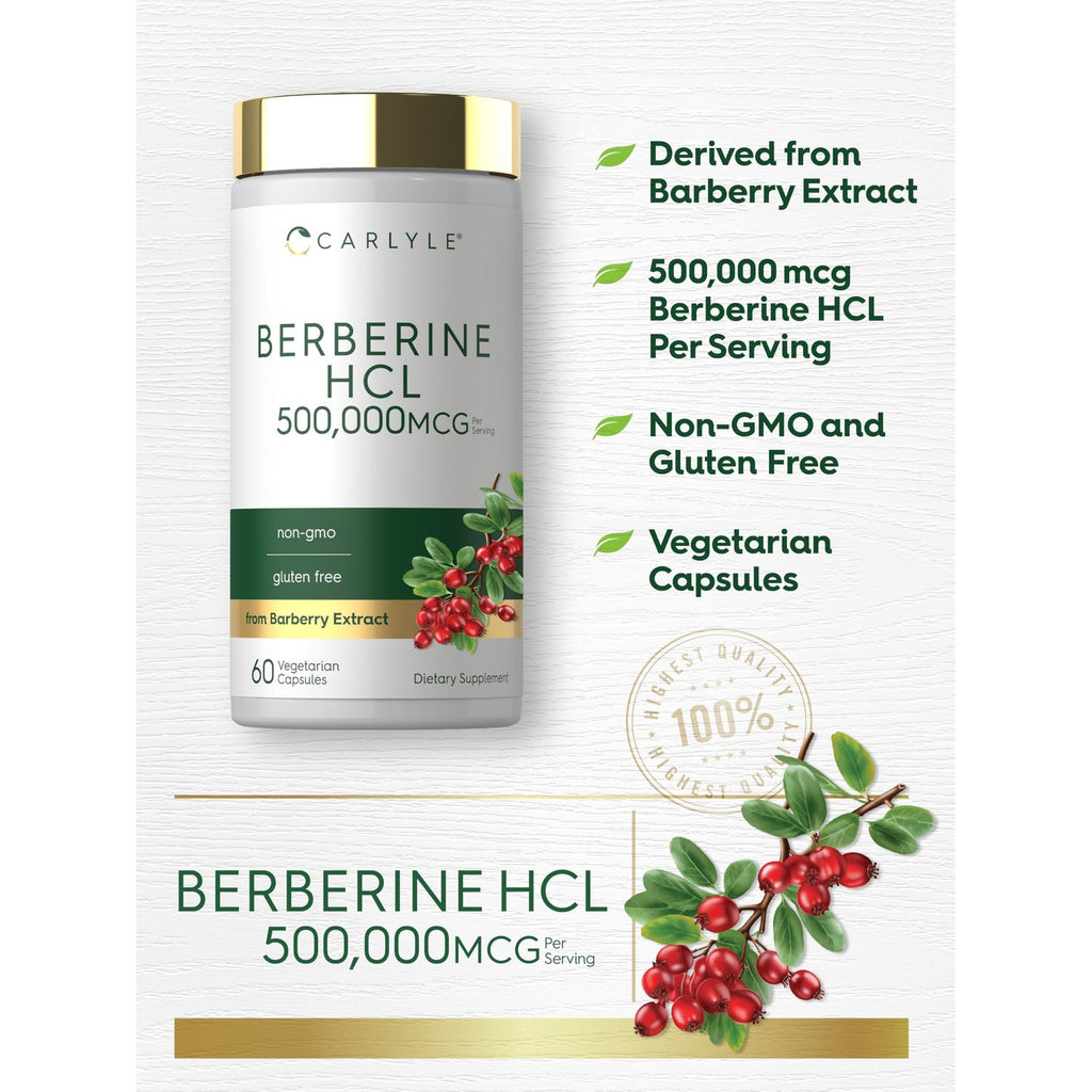 Carlyle Berberine HCL Supplement | 500,000mcg | 60 Capsules | Vegetarian, Non-GMO, Gluten Free