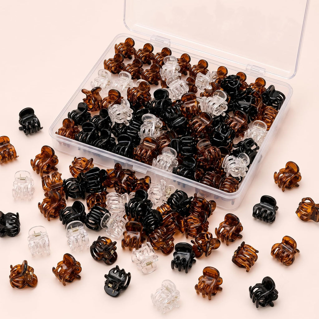 54Pcs Mini Hair Clips for Women, 0.6 in / 1.5 cm Small Claw Clips Without Snagging, Strong Grip Tiny Plastic Hair Clips for Styling Buns, Half-Up Looks, Bangs(Black,Clear,Brown)