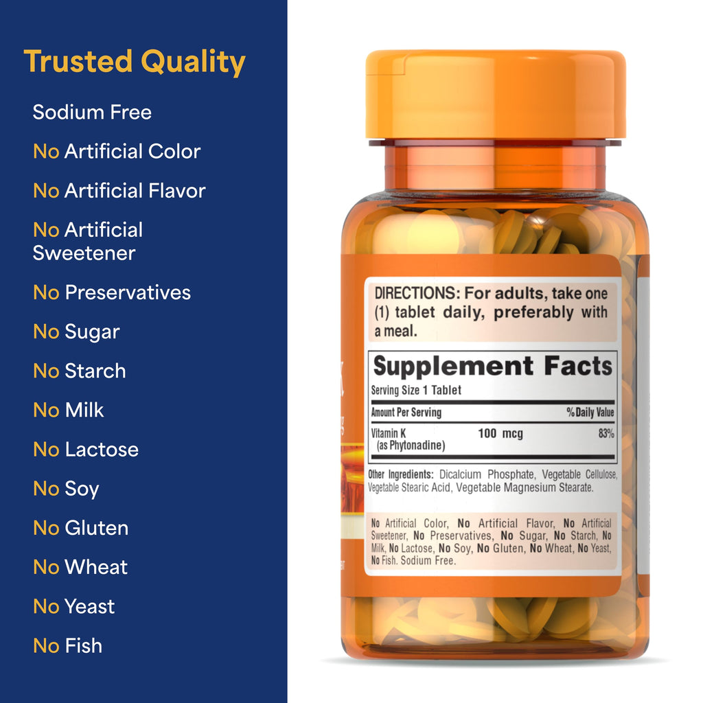 Puritan's Pride Premium Vitamin K 100mcg, 100 Tablets