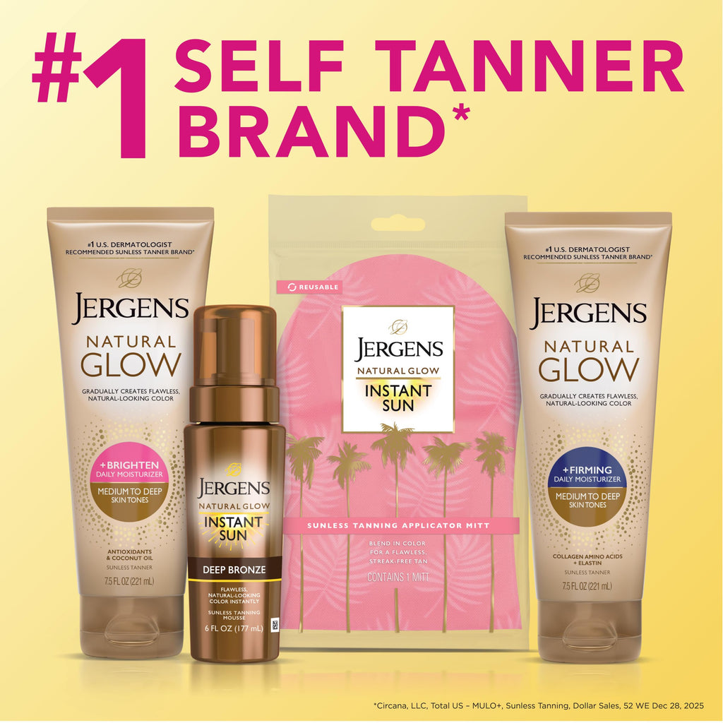 Jergens Natural Glow + Firming Daily Moisturizer Medium to Tan Skin Tones 7.5oz | Gradual Sunless Tanner, Collagen and Elastin, Firms Skin, Reduces Cellulite, Daily Moisturizer, Medium to Deep Skin Tone