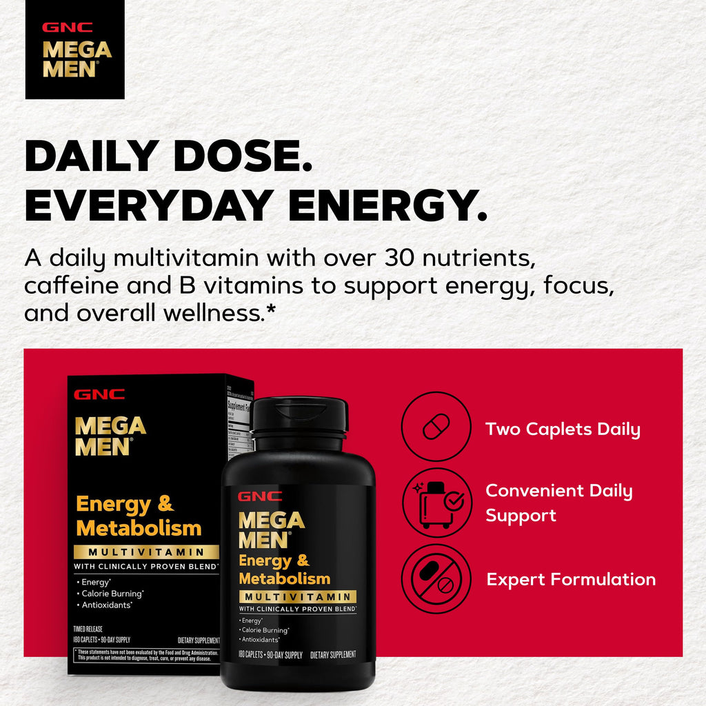 GNC Mega Men Energy & Metabolism Multivitamin for Men, 180 Count | Clinically Studied Antioxidants Support Energy Production, Colon and Prostate Health, Calorie Burning, and Mental Sharpness