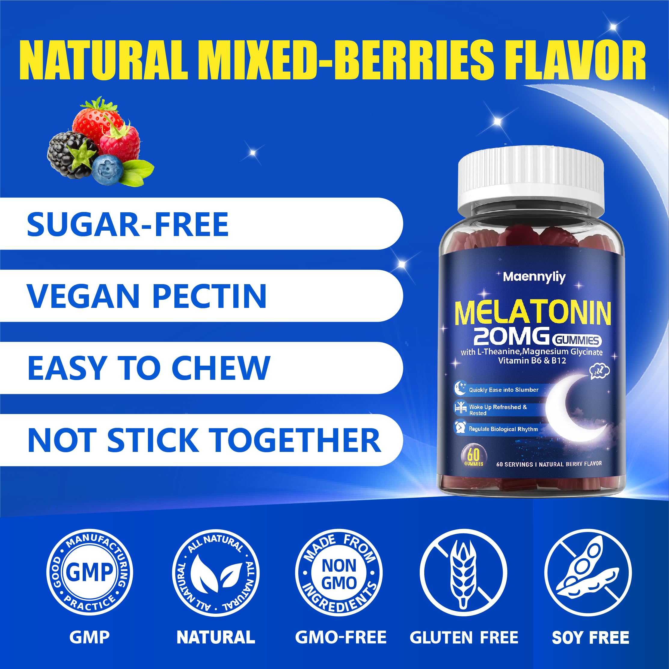 Maennyliy Melatonin 20mg Gummies for Adults - Sugar Free Melatonin Gummies | Extra Strength with L-Theanine, Magnesium, Ashwagandha, Turmeric, D3 & Zinc - Non-Habit Forming, Vegan, Non-GMO, 120 Gummies