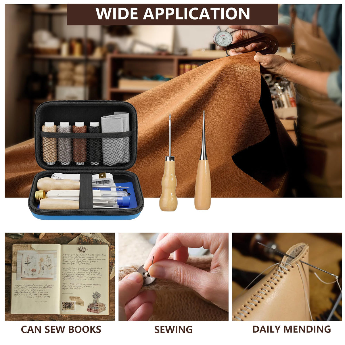 Leather Sewing & Upholstery Repair Kit with 2 Awls, Needles & Waxed Thread