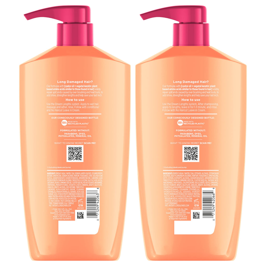 L'Oreal Paris Elvive Dream Lengths Shampoo and Conditioner Set, Seals Split Ends, Hydrating & Strengthening Hair Repair, Fine Castor Oil and Vitamins B3 and B5, 56 Fl Oz Set