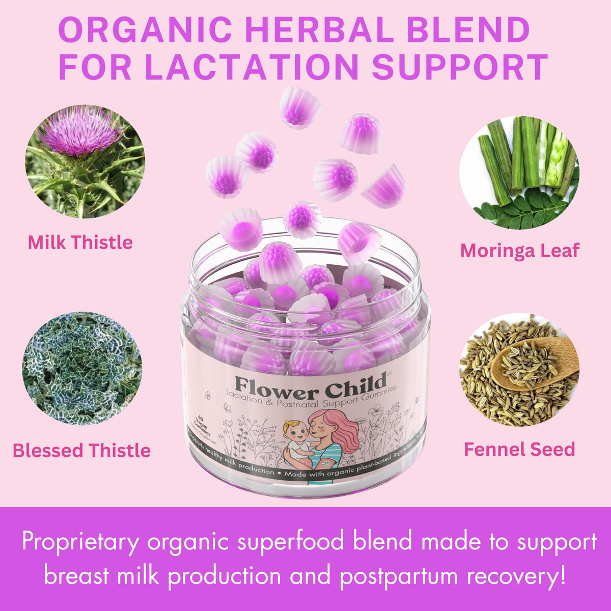 Flower Child Breastfeeding Gummies for Milk Production with Organic Moringa, Milk Thistle, Choline & DHA, Lactation Supplement Postnatal Recovery Vitamins, Fenugreek Free, Vegan, 60 Count