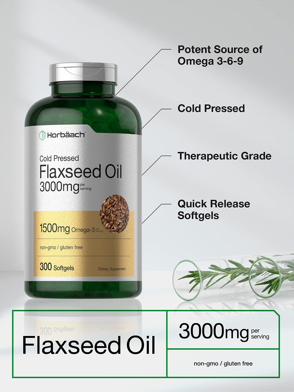 Horbäach Flaxseed Oil Softgel Capsules 3000mg | 300 Count | High Potency