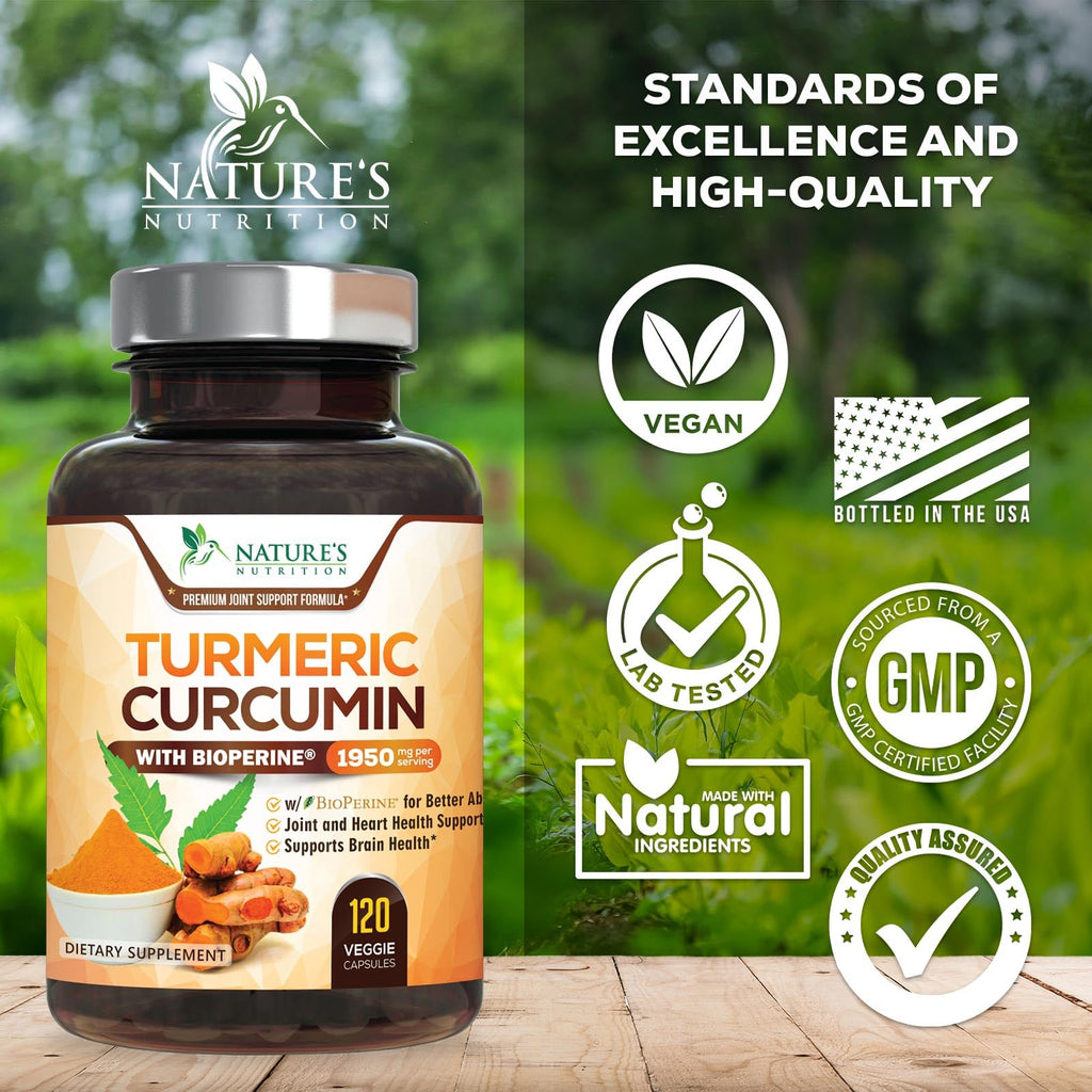 Turmeric Curcumin Supplement 95% Curcuminoids 1950mg with Organic Turmeric & BioPerine Black Pepper Extract for Best Absorption, Natural Vegan Joint Support, Non-GMO, Bottled in USA - 120 Capsules