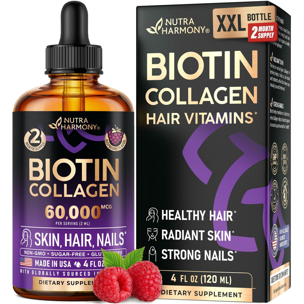 Liquid Biotin & Collagen 60,000mcg - Biotin for Hair Growth Support - 2 Oz | Liquid Collagen Supplement & Biotin - Extra Strength Drops for Women & Men - Strong Nails & Healthy Skin - Raspberry Flavor
