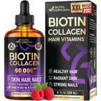 Liquid Biotin & Collagen 60,000mcg - Biotin for Hair Growth Support - 2 Oz | Liquid Collagen Supplement & Biotin - Extra Strength Drops for Women & Men - Strong Nails & Healthy Skin - Raspberry Flavor