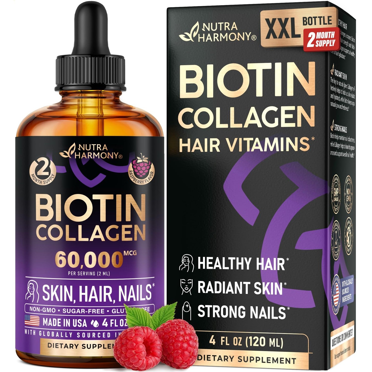 Liquid Biotin & Collagen 60,000mcg - Biotin for Hair Growth Support - 2 Oz | Liquid Collagen Supplement & Biotin - Extra Strength Drops for Women & Men - Strong Nails & Healthy Skin - Raspberry Flavor