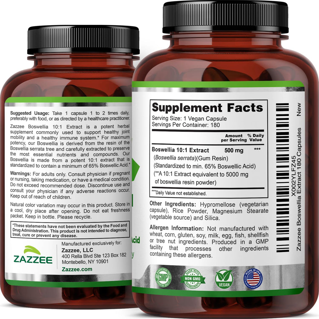 Zazzee Extra Strength Boswellia 10:1 Extract, 180 Capsules, 6 Month Supply | 65% Boswellic Acid, Vegan, Boswellia Serrata, Joint Comfort, Mobility & Flexibility Support, Non-GMO, Made in the USA