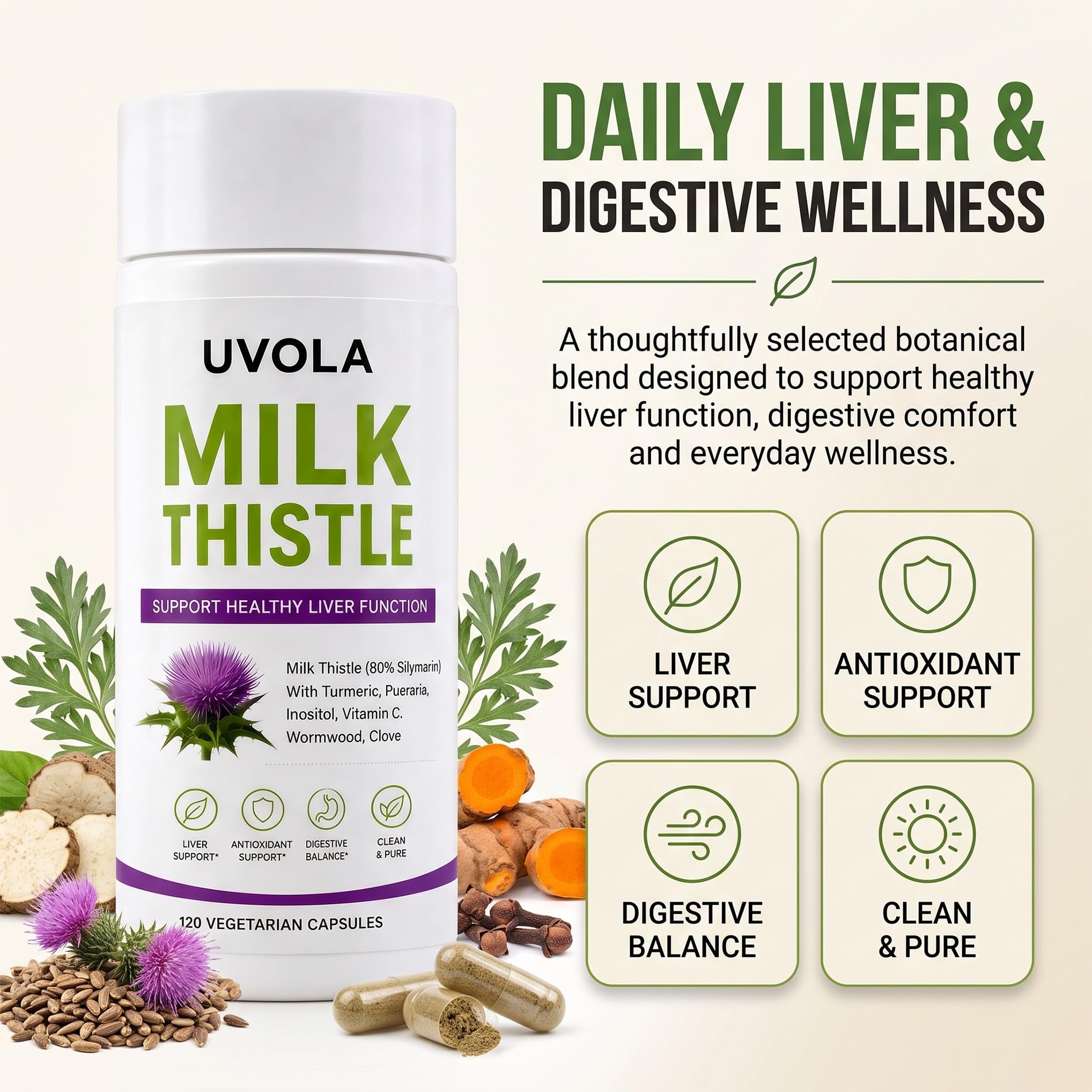 Milk Thistle Liver Support Supplement with 80% Silymarin, Inositol, Turmeric, Clove, Vitamin C and L-Methionine, Digestive and Antioxidant Support, 120 Capsules (1)