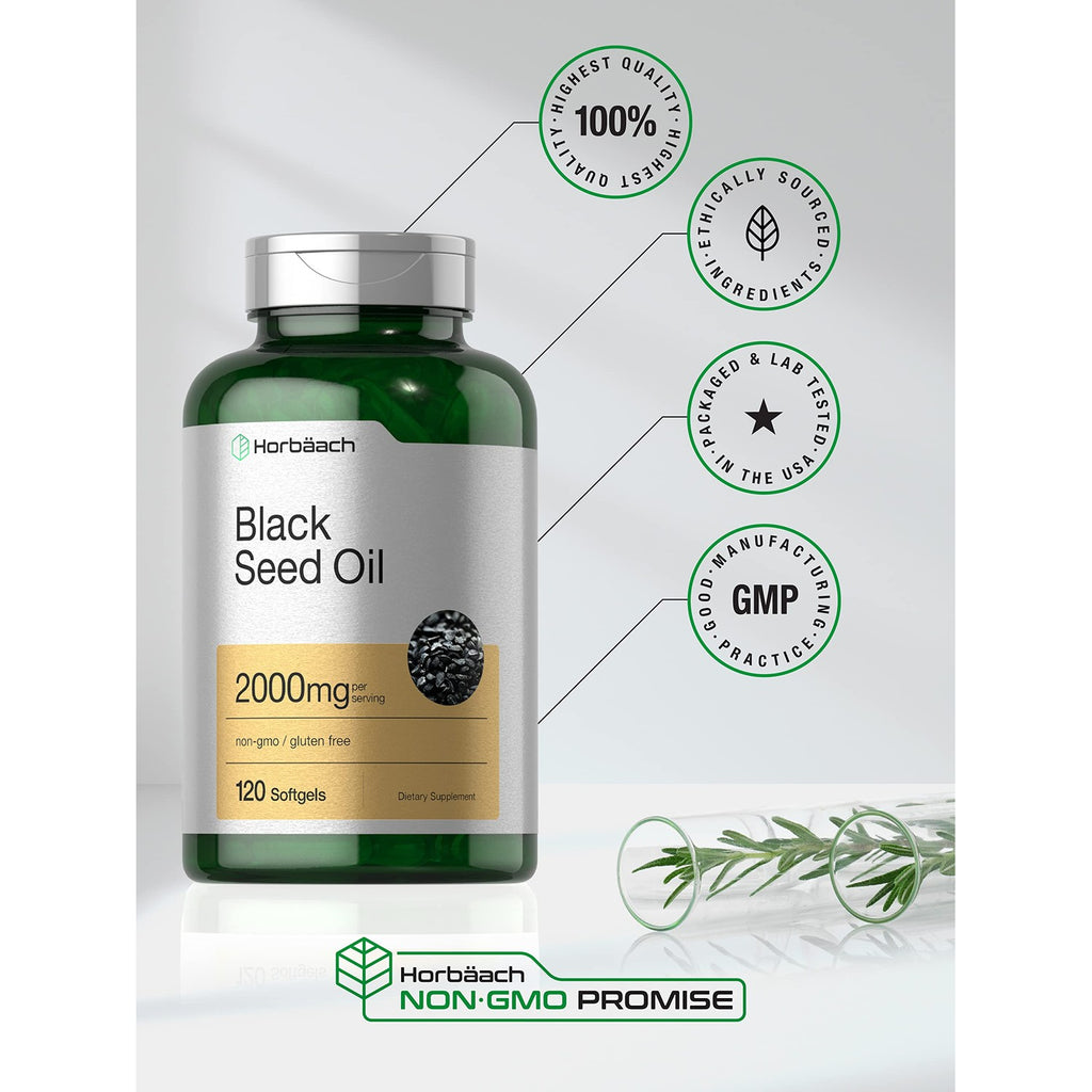 Horbaach Black Seed Oil Cold Pressed Softgel Capsules | 2000mg | 120 Count | Supplement with Omega 6 and 9 | Nigella Sativa | Non-GMO and Gluten Free