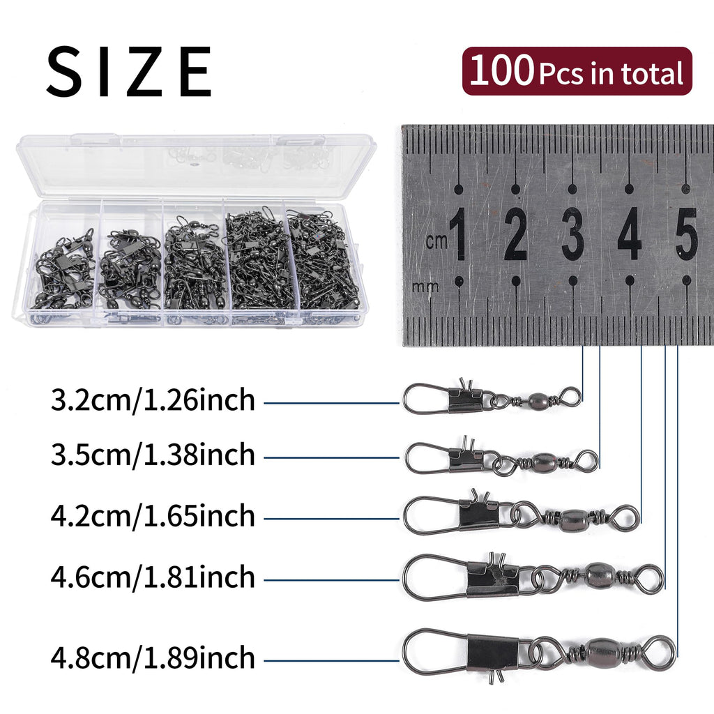 100Pcs Fishing Swivels, 5 Sizes Barrel Snap Swivel Fishing Tackle for Quick Linking of Lures and Lines