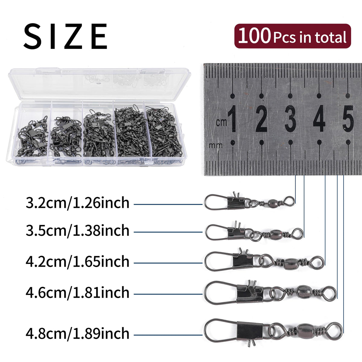 100Pcs Fishing Swivels, 5 Sizes Barrel Snap Swivel Fishing Tackle for Quick Linking of Lures and Lines