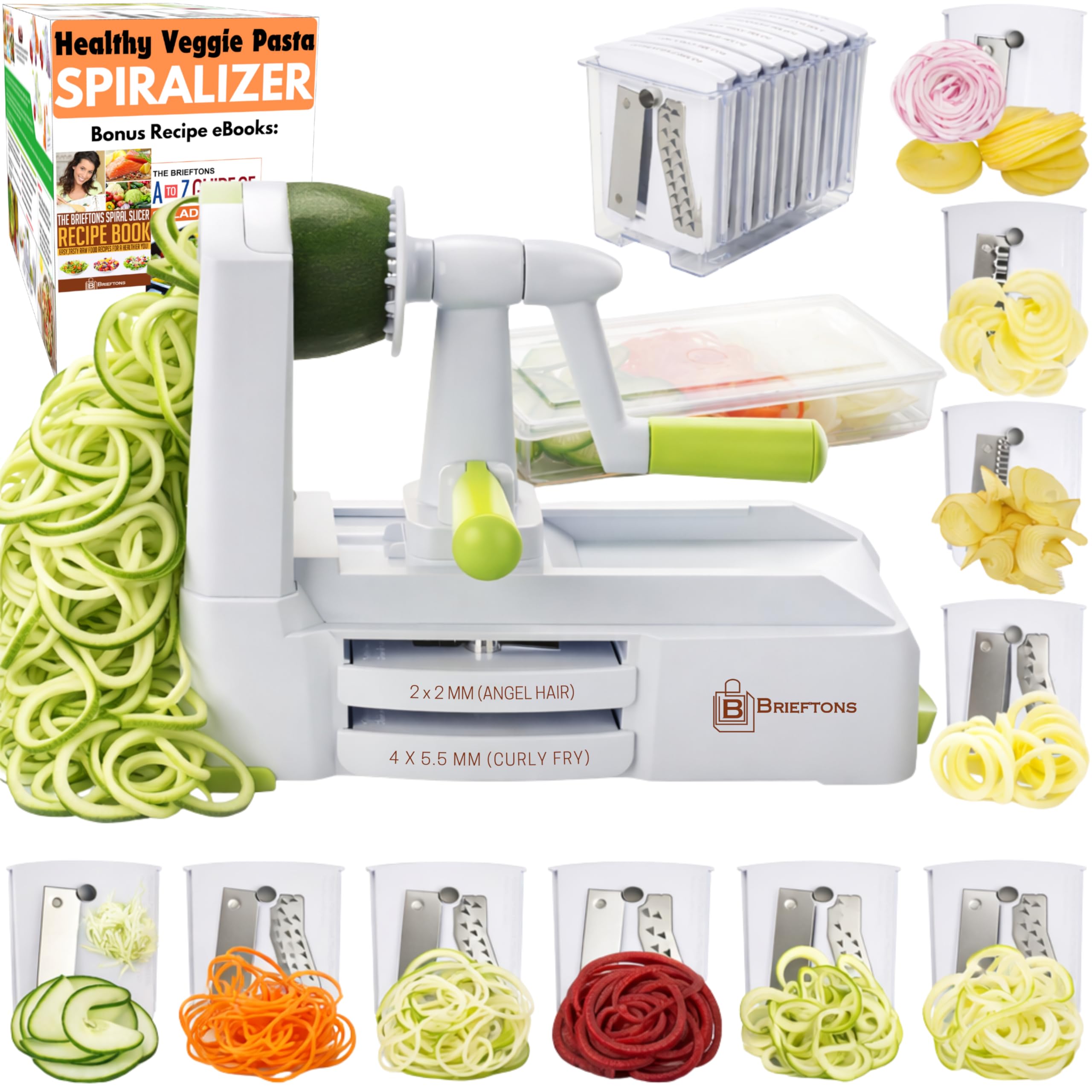 Buy now Brieftons 7-Blade Vegetable Spiralizer: Strongest-Heaviest Spiral Slicer, Best Veggie Pasta Spaghetti Maker for Low Carb/Paleo/Gluten-Free Meals, With Container, Lid, Blade Caddy & 4 Recipe Ebooks White (10 Blades) at indiglob india