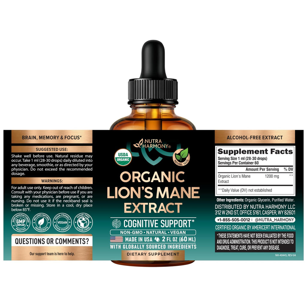 Lions Mane Liquid - USDA Organic Lions Mane Supplement 72,000 mg - 2 Oz | Lion's Mane Mushroom Extract - Brain Support, Energy, Memory & Focus - Sugar & Alcohol-Free - Tincture for Women & Men